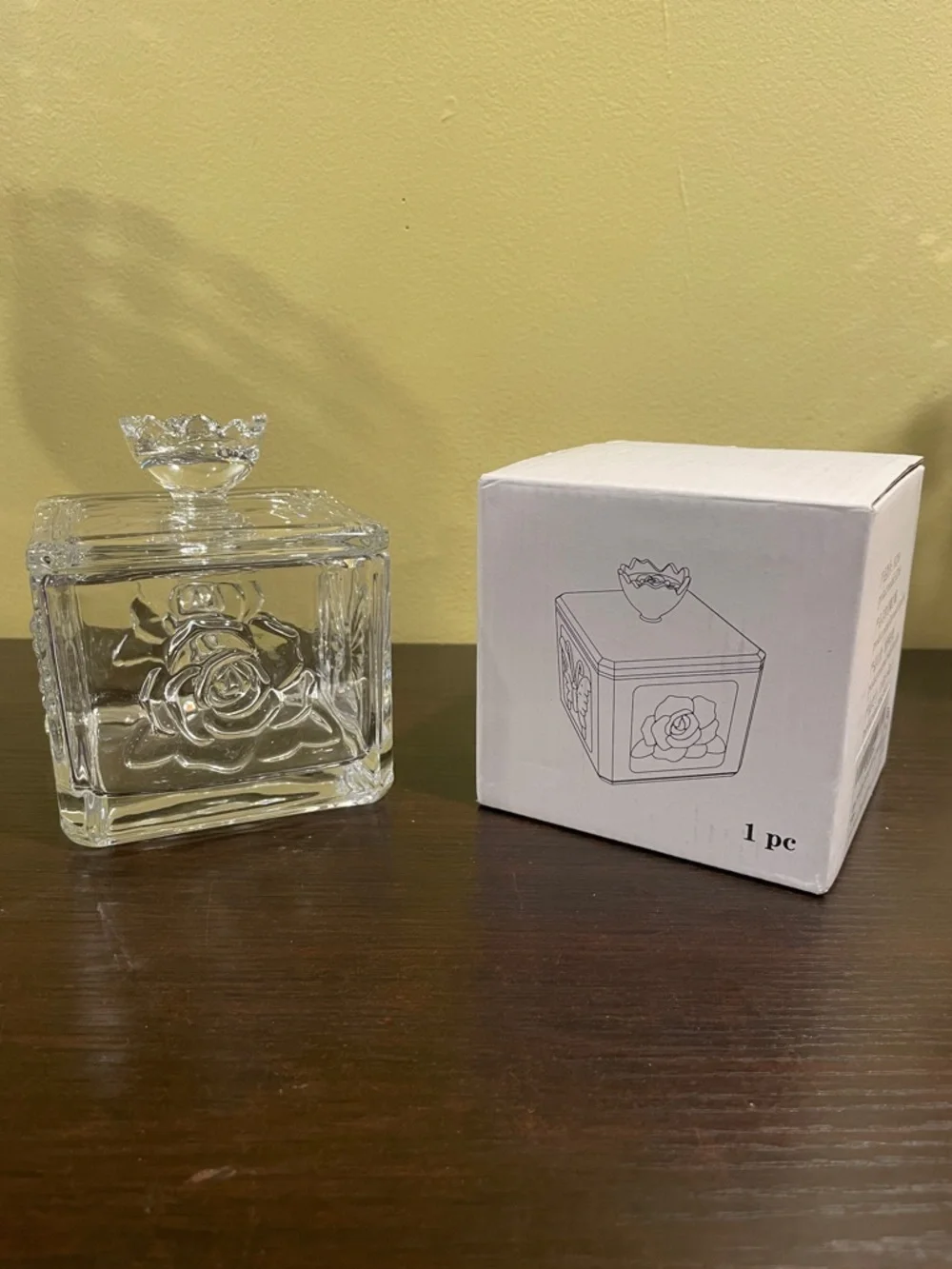 Clear Glass Rose and Butterfly Embossed Square Jar with Floral Lid